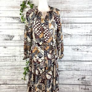 Soft Surroundings Dress size Large Brown Navy Sheer Long Floral Peasant Boho